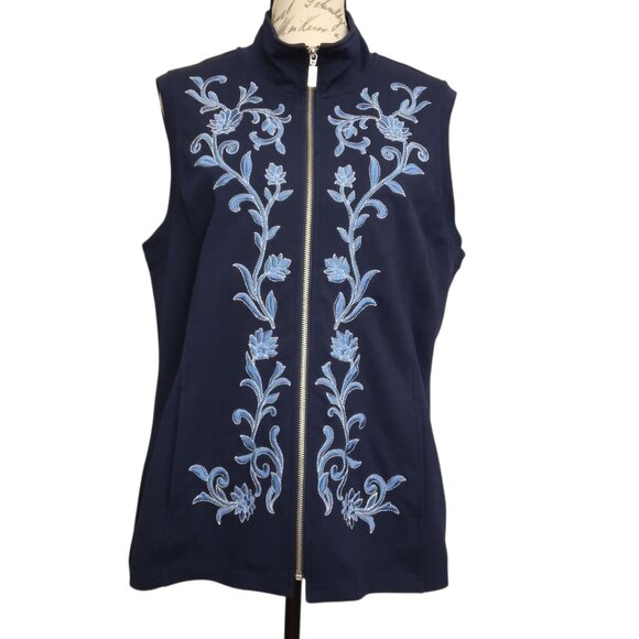 Bob Mackie | Navy & Blue Embroidered Zip-Up Vest Stretch | Size L - Picture 1 of 10